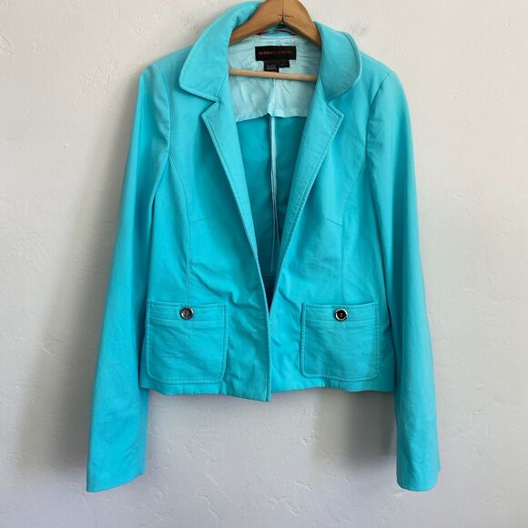 Nina McLemore Turquoise Blazer Jacket Women Size 8 Open Front Stretch - Picture 1 of 15